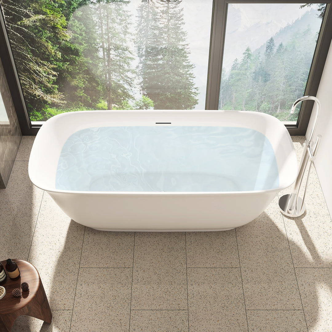 Sarnia 67" x 32" Flatbottom Freestanding Acrylic Soaking Bathtub in Glossy White with Drain and Integrated Overflow