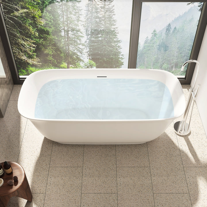 Sarnia 67" x 32" Flatbottom Freestanding Acrylic Soaking Bathtub in Glossy White with Drain and Integrated Overflow