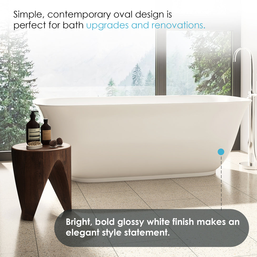 Sarnia 67" x 32" Flatbottom Freestanding Acrylic Soaking Bathtub in Glossy White with Drain and Integrated Overflow