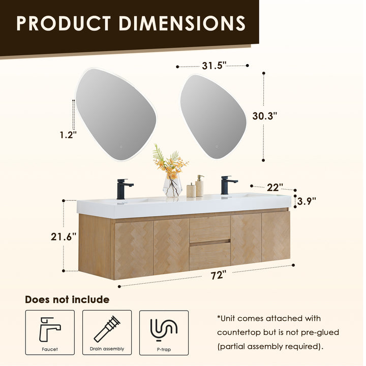 Siena 72" Wall-mounted Double Bathroom Vanity