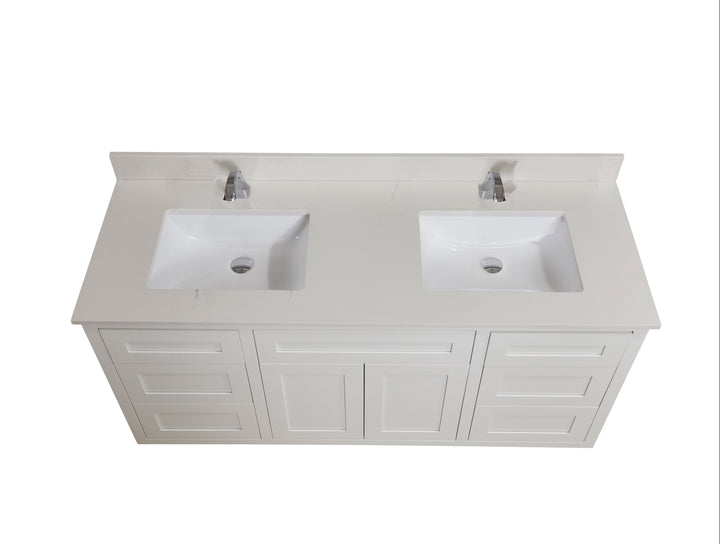 Belluno Composite Stone Vanity Top in Milano White with Two White Sink