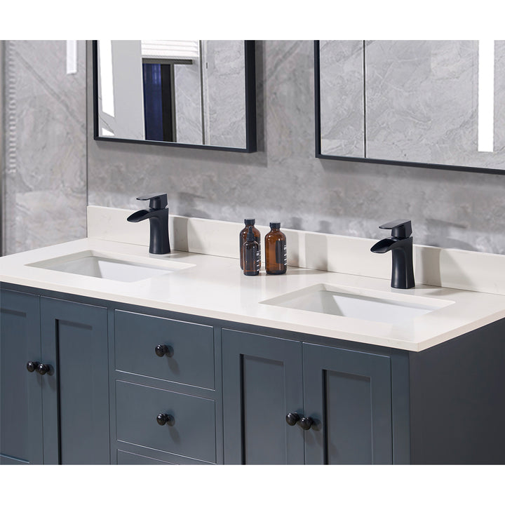 Belluno Composite Stone Vanity Top in Milano White with Two White Sink