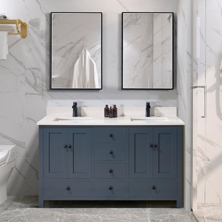 Belluno Composite Stone Vanity Top in Milano White with Two White Sink