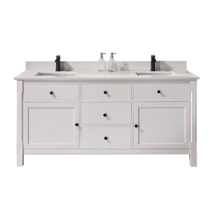 Belluno Composite Stone Vanity Top in Milano White with Two White Sink