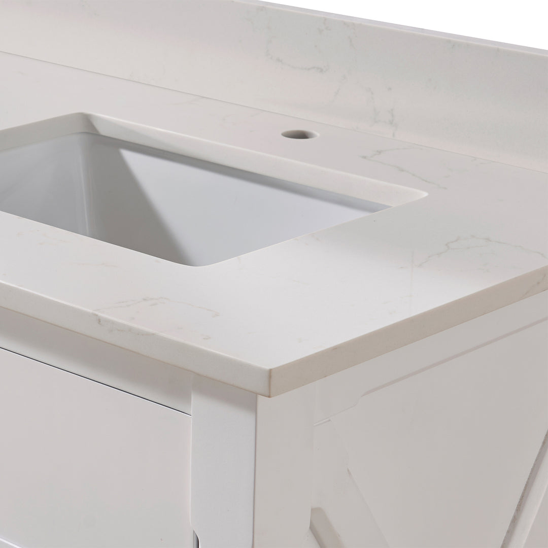 Belluno Composite Stone Vanity Top in Milano White with Two White Sink