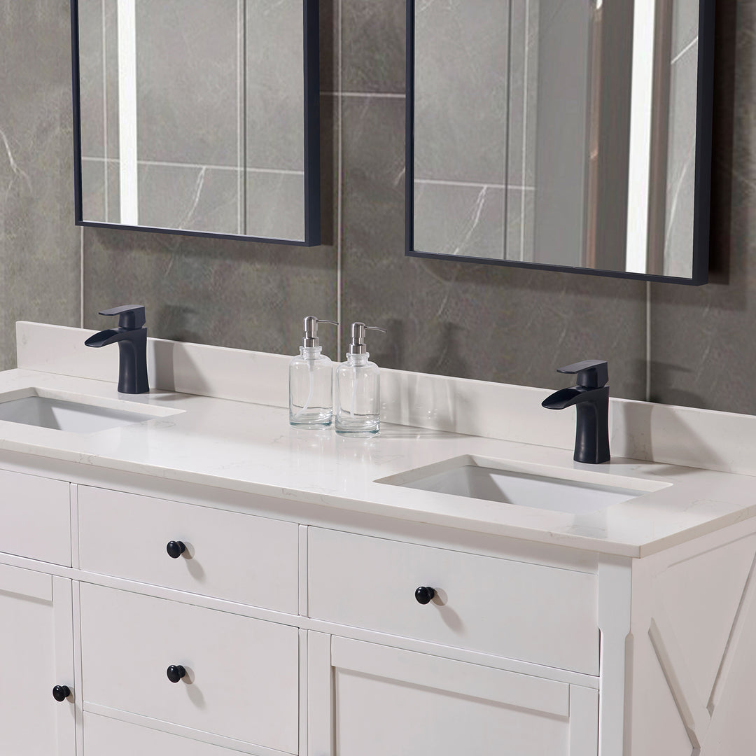 Belluno Composite Stone Vanity Top in Milano White with Two White Sink