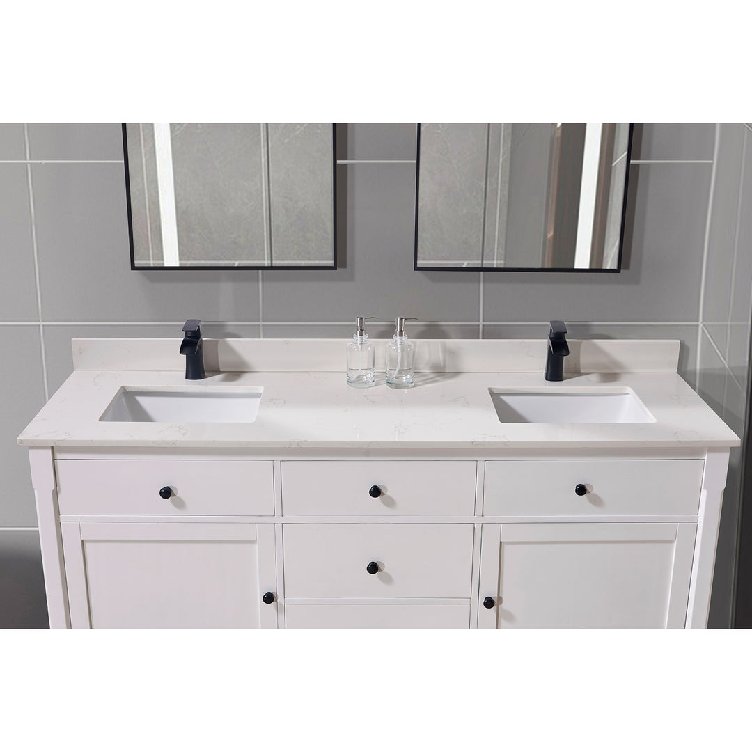 Belluno Composite Stone Vanity Top in Milano White with Two White Sink