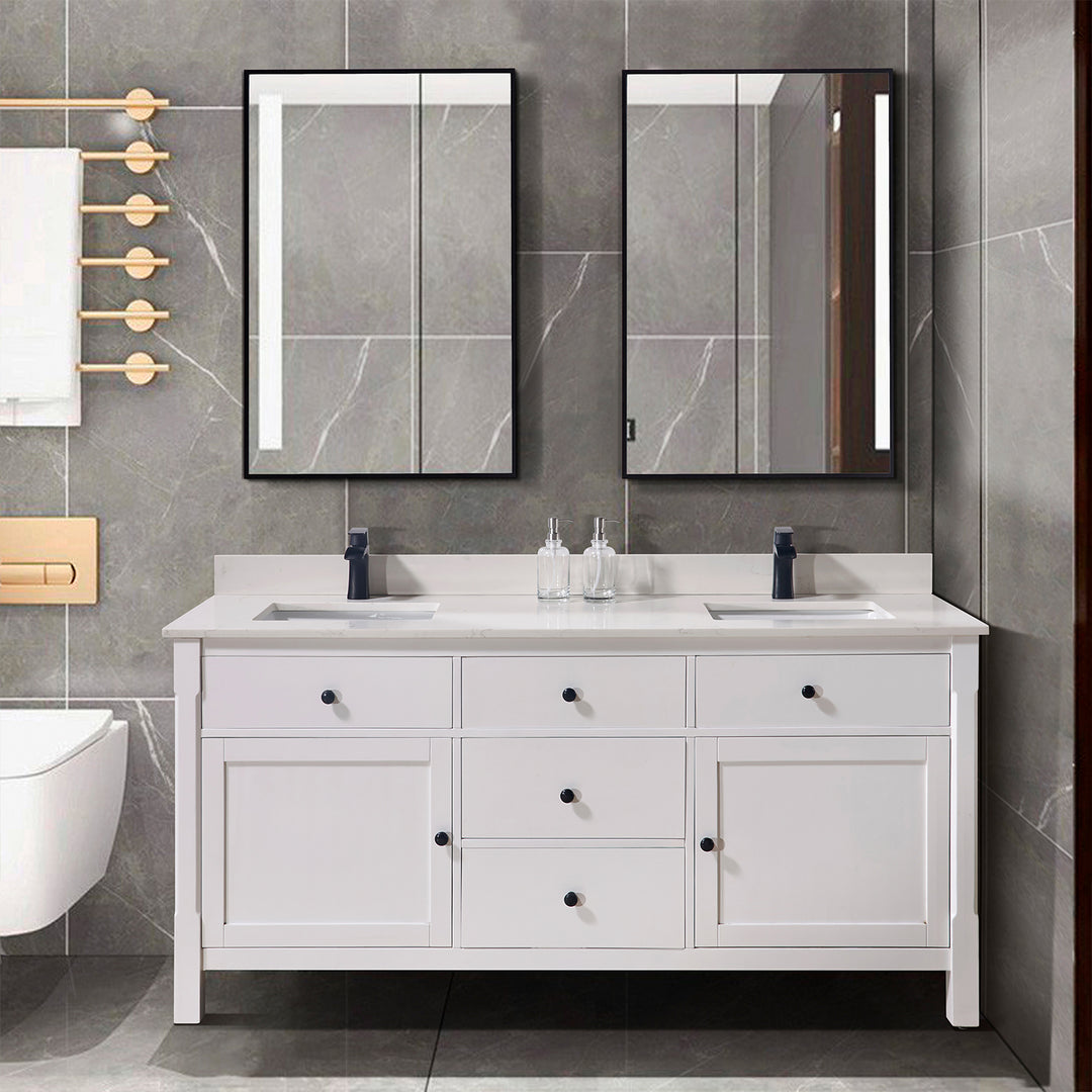 Belluno Composite Stone Vanity Top in Milano White with Two White Sink