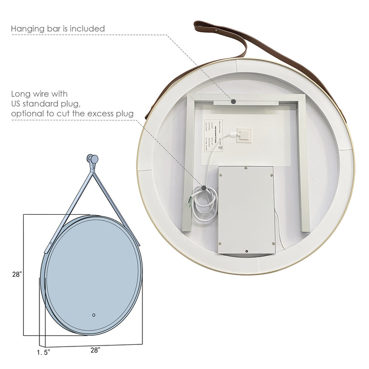 Roccia Round 28" Framed in Modern Bathroom/Vanity LED Lighted Wall Mirror