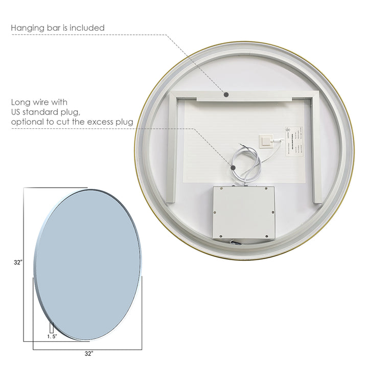 Palme Round Framed in Modern Bathroom/Vanity LED Lighted Wall Mirror