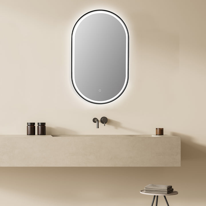 Oleggio Oval Modern Bathroom/Vanity LED Lighted Wall Mirror
 36" Framed in Matt Black Modern Bathroom/Vanity LED Lighted Wall Mirror