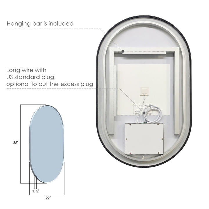 Oleggio Oval Modern Bathroom/Vanity LED Lighted Wall Mirror
 36" Framed in Matt Black Modern Bathroom/Vanity LED Lighted Wall Mirror