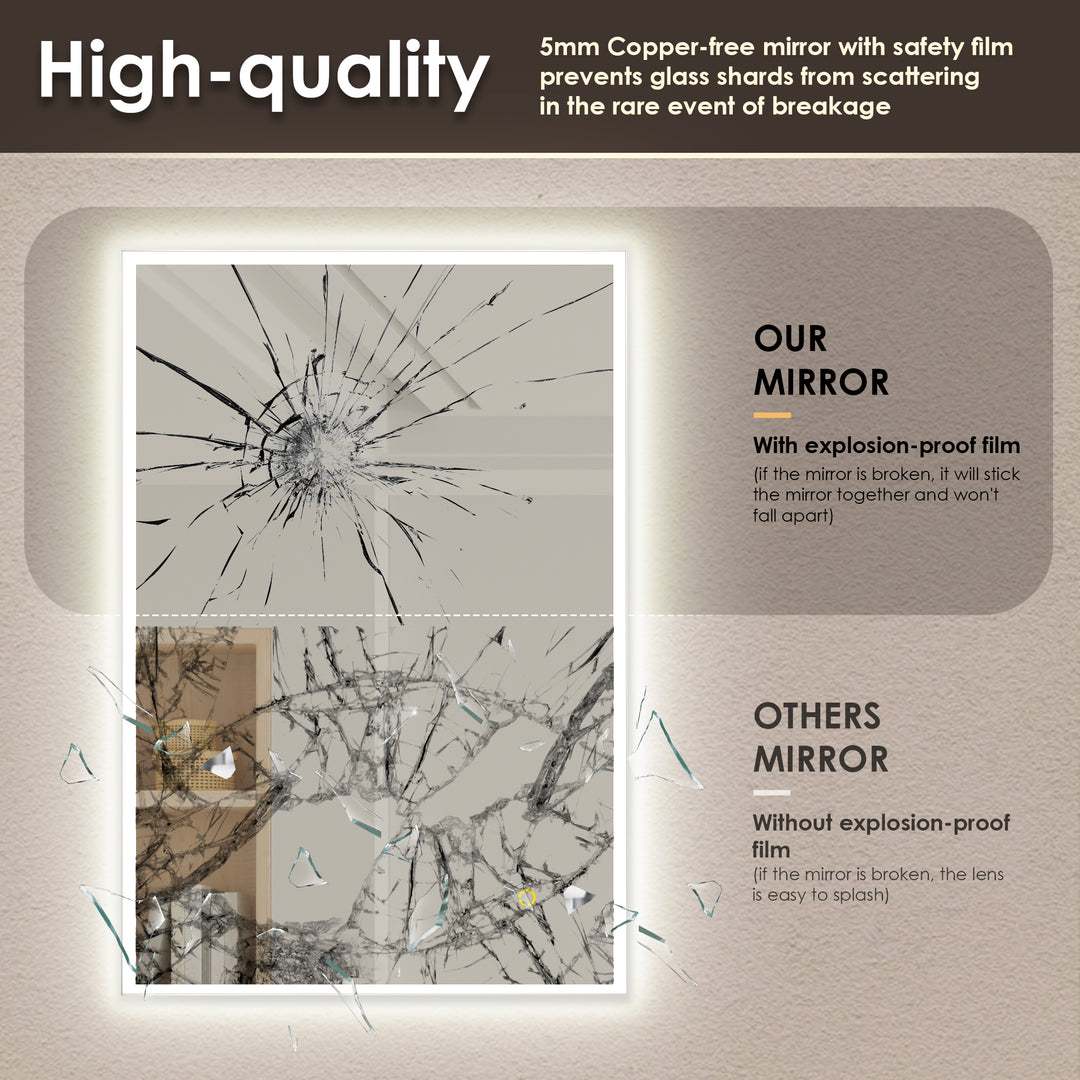 Aurora Rectangular Framelesss Anti-Fog Dimmable Modern Bathroom/Vanity LED Lighted Wall Mirror