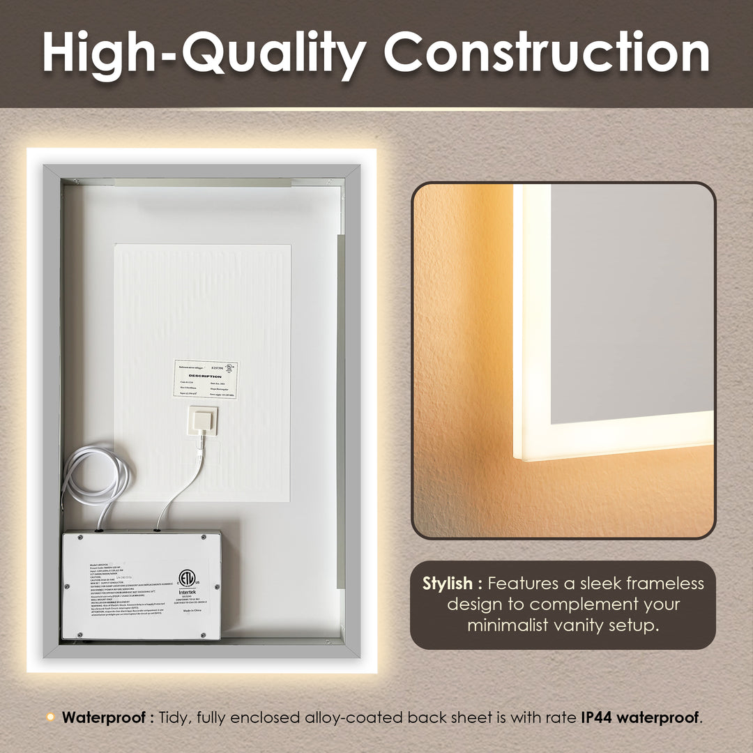 Aurora Rectangular Framelesss Anti-Fog Dimmable Modern Bathroom/Vanity LED Lighted Wall Mirror
