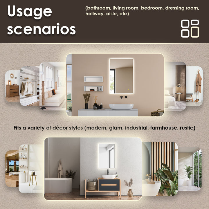 Aurora Rectangular Framelesss Anti-Fog Dimmable Modern Bathroom/Vanity LED Lighted Wall Mirror