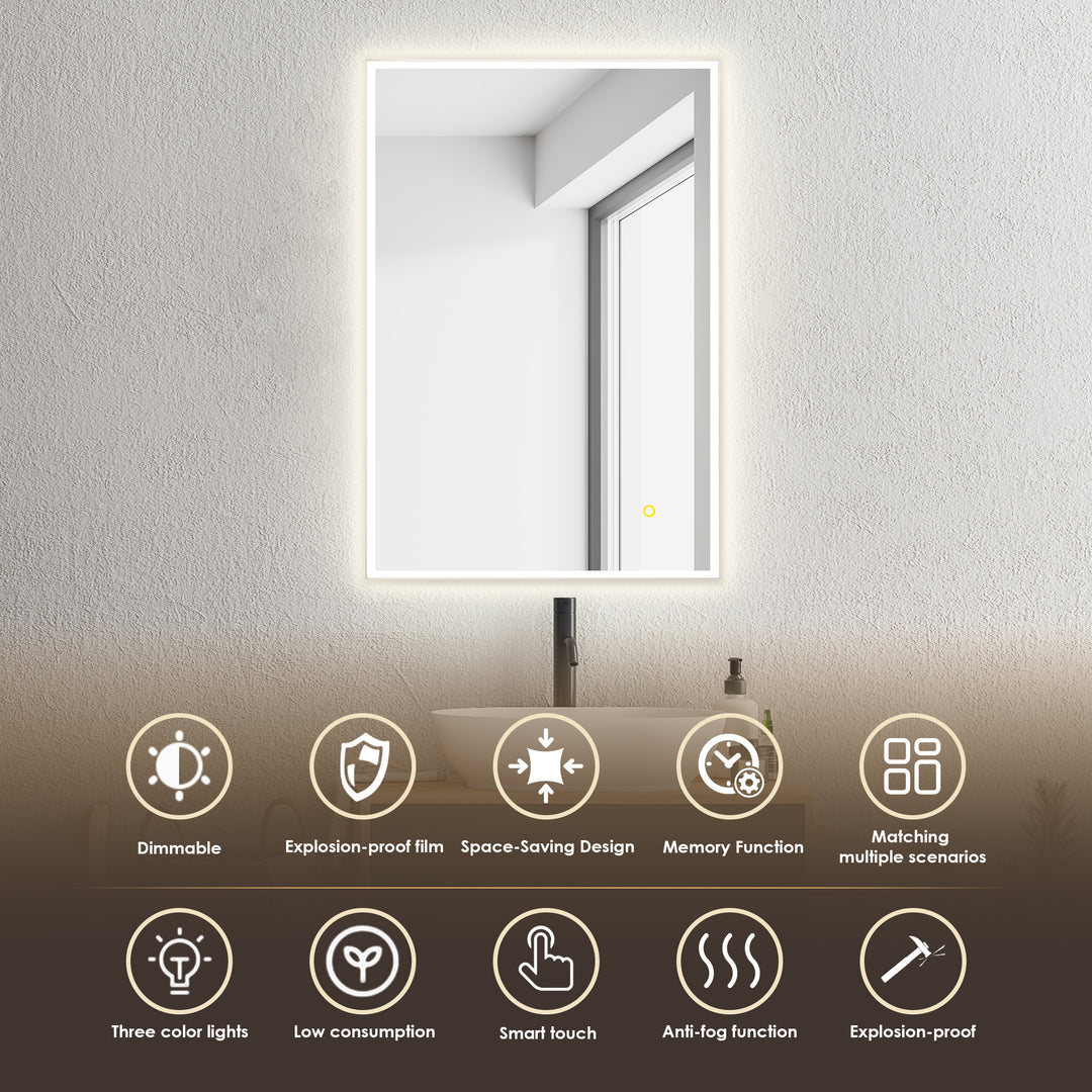 Aurora Rectangular Framelesss Anti-Fog Dimmable Modern Bathroom/Vanity LED Lighted Wall Mirror
