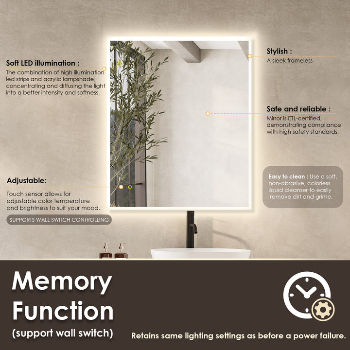 Aurora Rectangular Framelesss Anti-Fog Dimmable Modern Bathroom/Vanity LED Lighted Wall Mirror