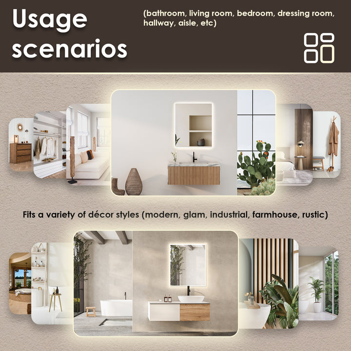 Aurora Rectangular Framelesss Anti-Fog Dimmable Modern Bathroom/Vanity LED Lighted Wall Mirror