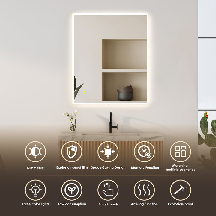Aurora Rectangular Framelesss Anti-Fog Dimmable Modern Bathroom/Vanity LED Lighted Wall Mirror