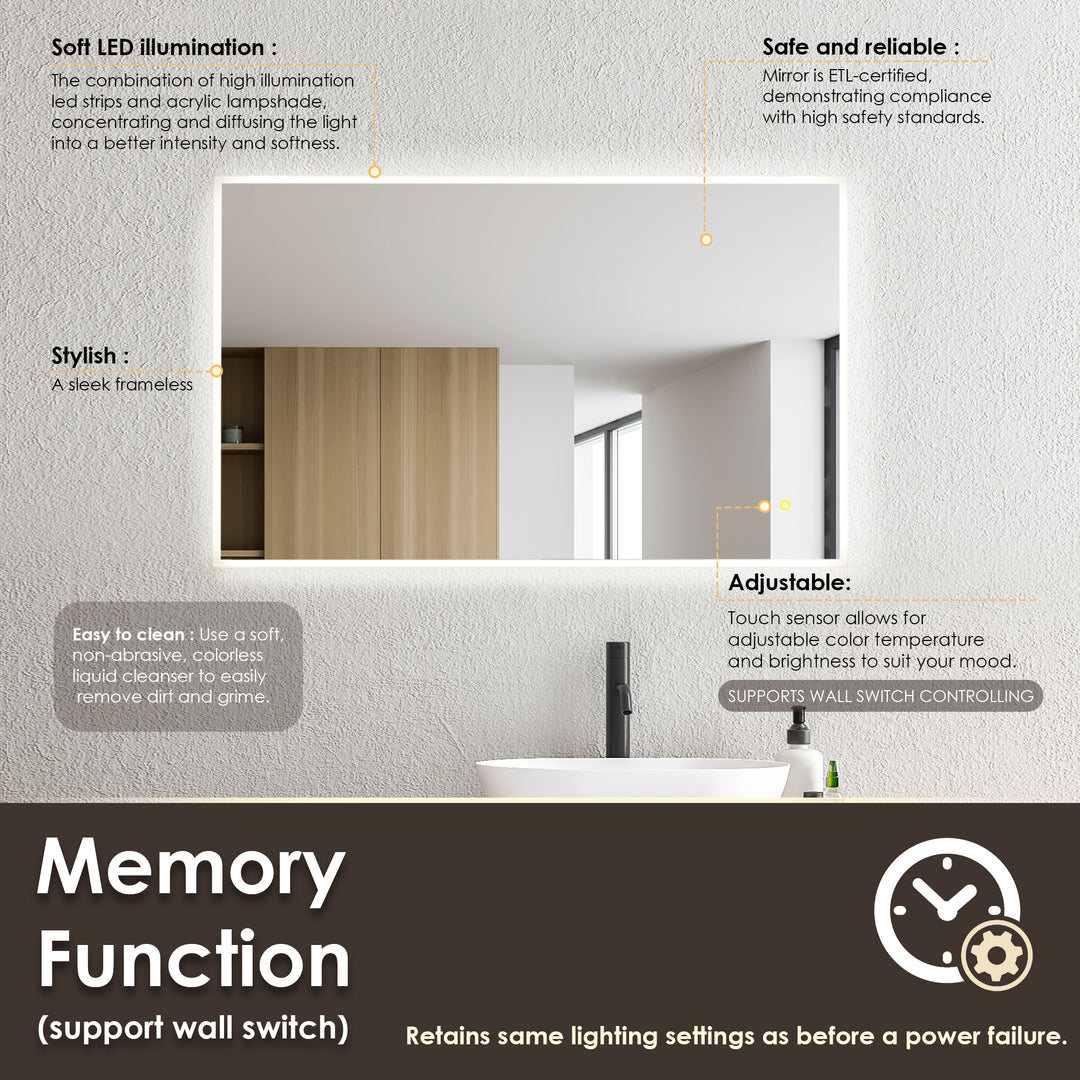 Aurora Rectangular Framelesss Anti-Fog Dimmable Modern Bathroom/Vanity LED Lighted Wall Mirror