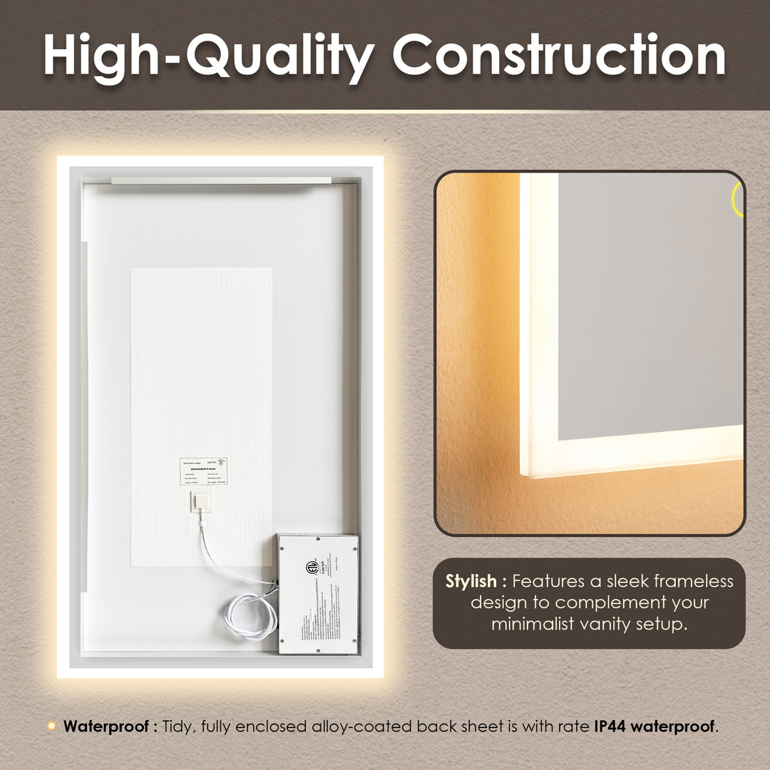 Aurora Rectangular Framelesss Anti-Fog Dimmable Modern Bathroom/Vanity LED Lighted Wall Mirror