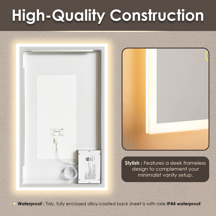 Aurora Rectangular Framelesss Anti-Fog Dimmable Modern Bathroom/Vanity LED Lighted Wall Mirror