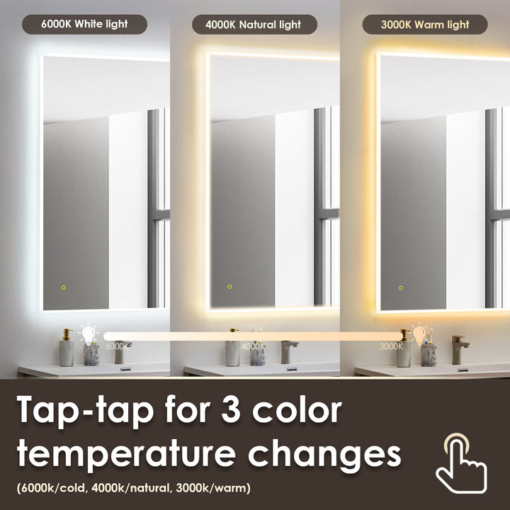 Aurora Rectangular Framelesss Anti-Fog Dimmable Modern Bathroom/Vanity LED Lighted Wall Mirror