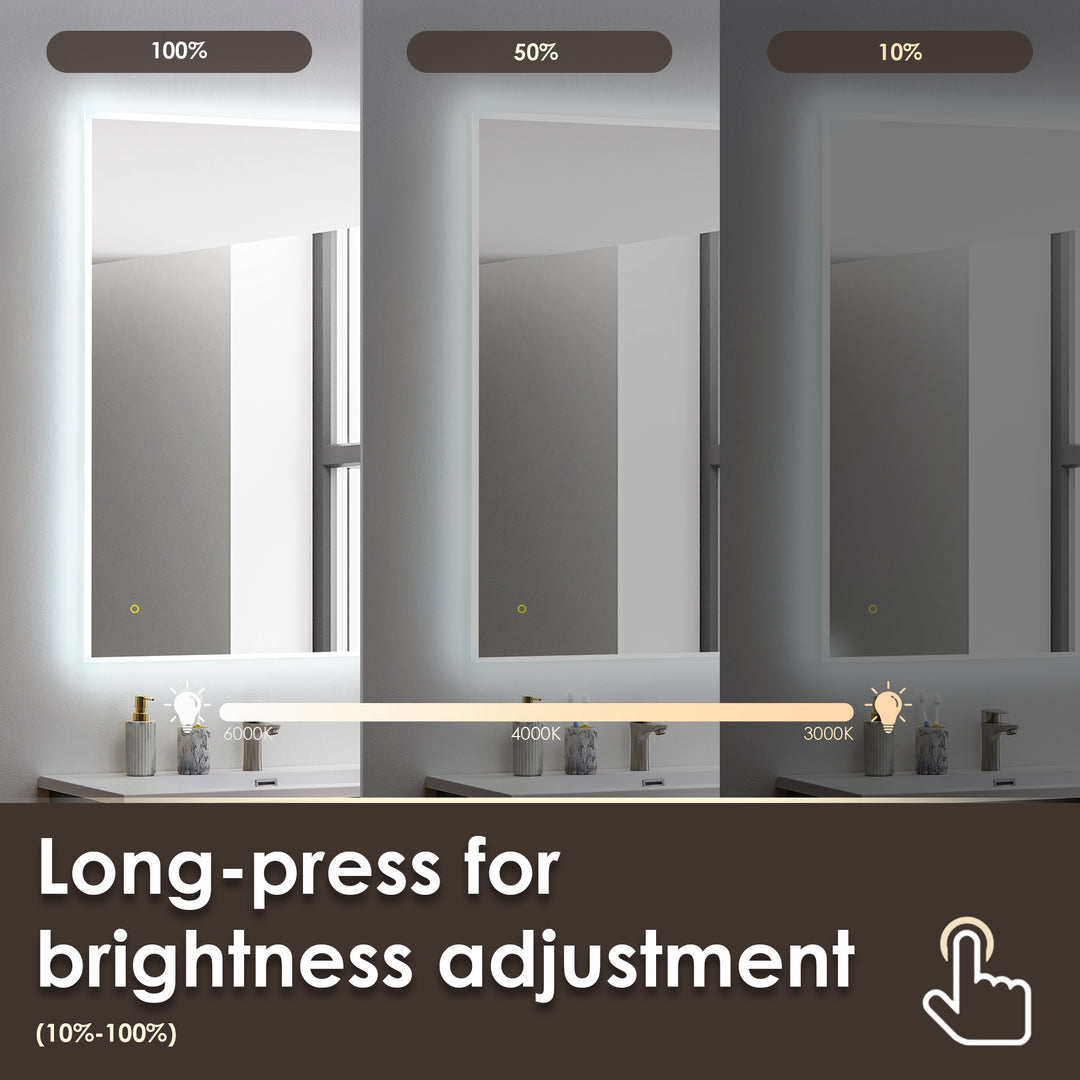 Aurora Rectangular Framelesss Anti-Fog Dimmable Modern Bathroom/Vanity LED Lighted Wall Mirror