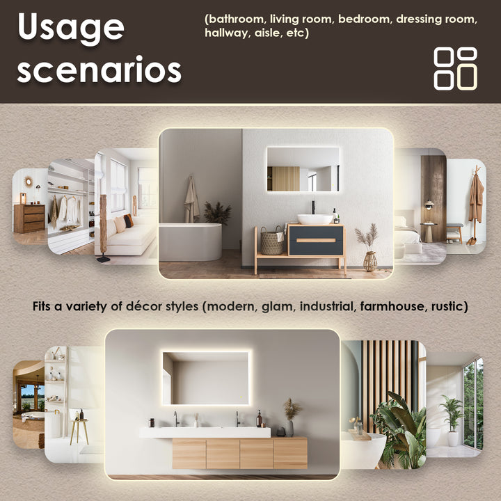 Aurora Rectangular Framelesss Anti-Fog Dimmable Modern Bathroom/Vanity LED Lighted Wall Mirror