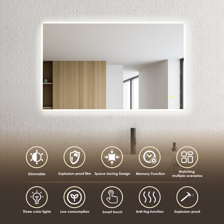 Aurora Rectangular Framelesss Anti-Fog Dimmable Modern Bathroom/Vanity LED Lighted Wall Mirror