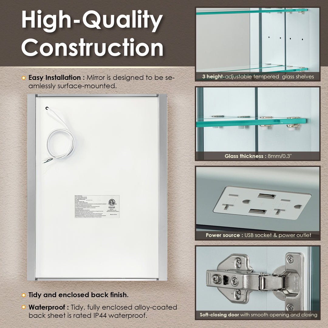 Serra Rectangular Frameless Surface-Mount LED Lighted Bathroom Aluminum Mirror Medicine Cabinet
