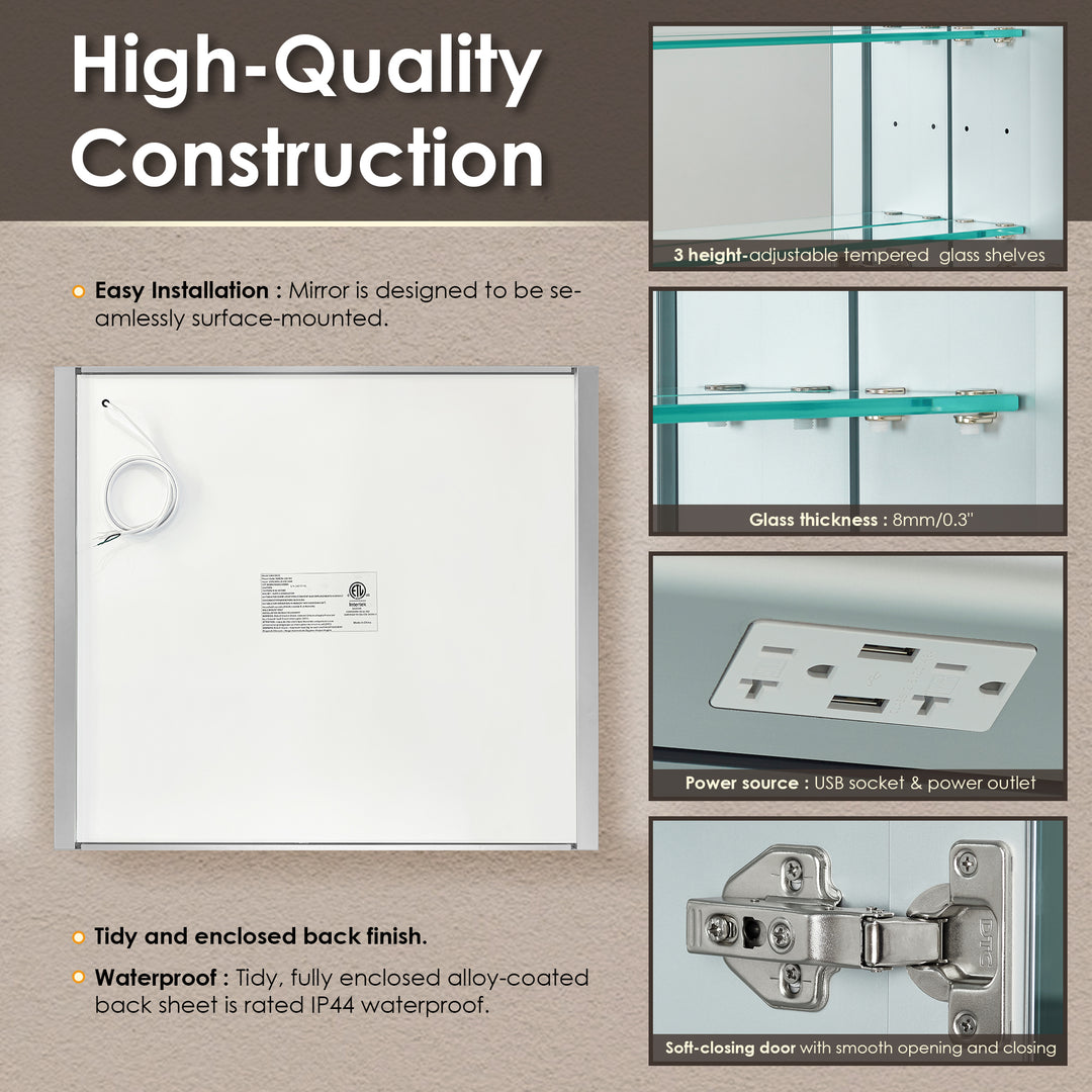 Serra Rectangular Frameless Surface-Mount LED Lighted Bathroom Aluminum Mirror Medicine Cabinet