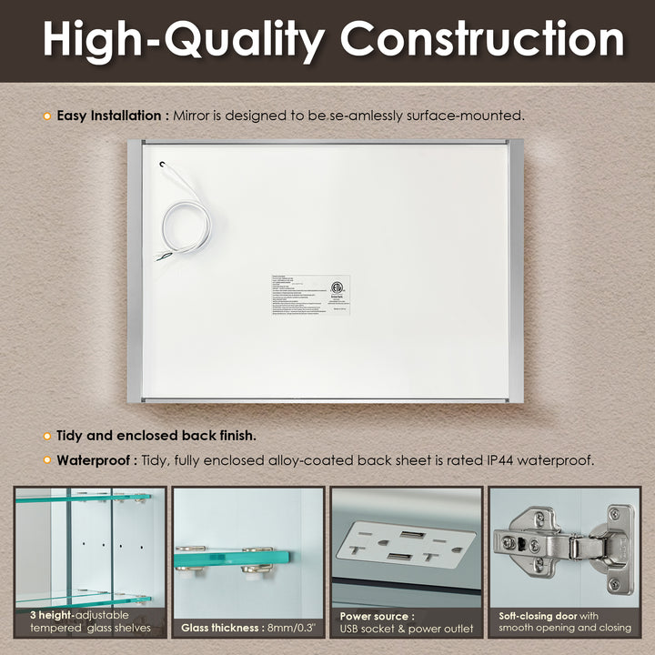Serra Rectangular Frameless Surface-Mount LED Lighted Bathroom Aluminum Mirror Medicine Cabinet