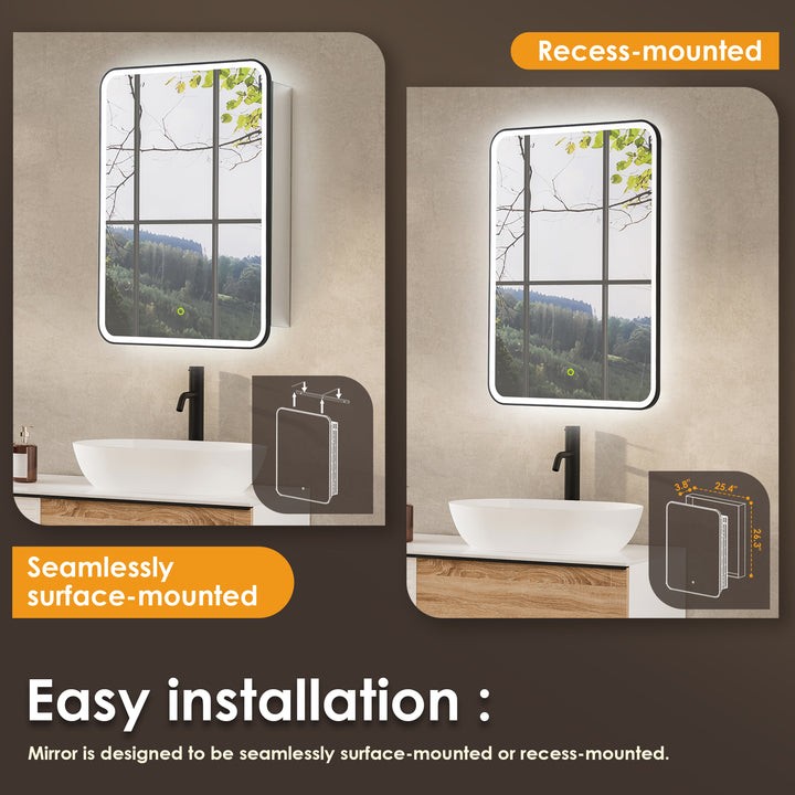 Ostaria Rectangular Surface-Mount/Reccessed LED Lighted Bathroom Black Aluminum Mirror Medicine Cabinet