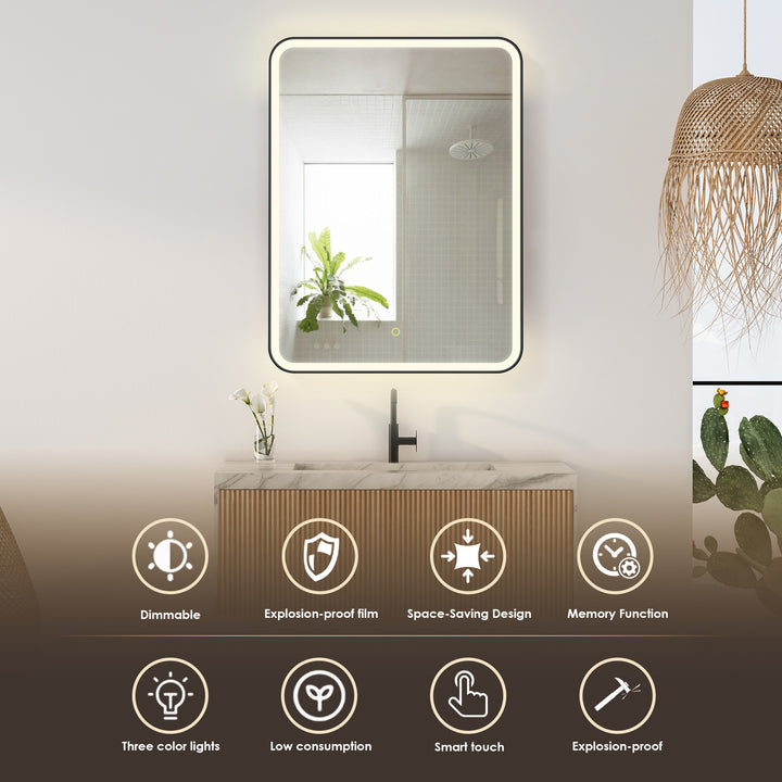Ostaria Rectangular Surface-Mount/Reccessed LED Lighted Bathroom Black Aluminum Mirror Medicine Cabinet
