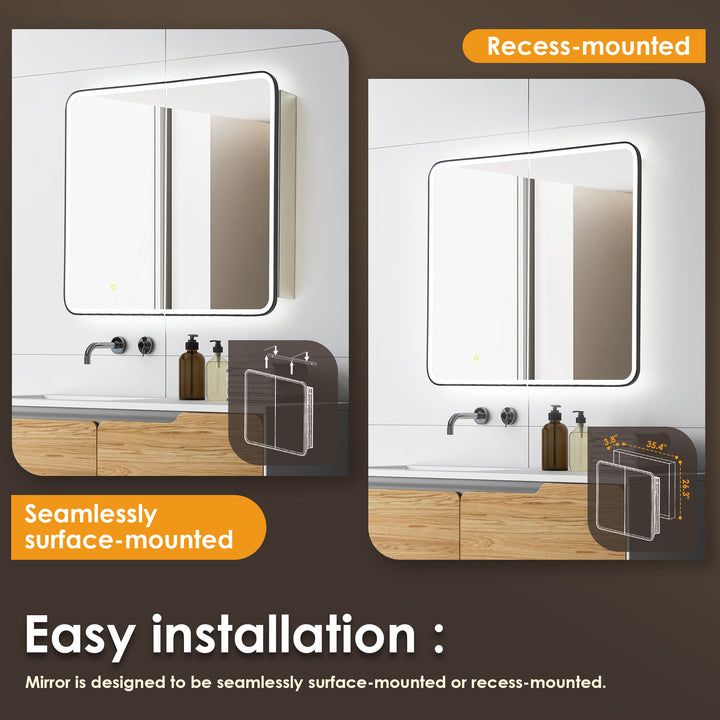 Ostaria Rectangular Surface-Mount/Reccessed LED Lighted Bathroom Black Aluminum Mirror Medicine Cabinet