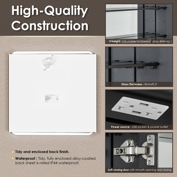 Ostaria Rectangular Surface-Mount/Reccessed LED Lighted Bathroom Black Aluminum Mirror Medicine Cabinet