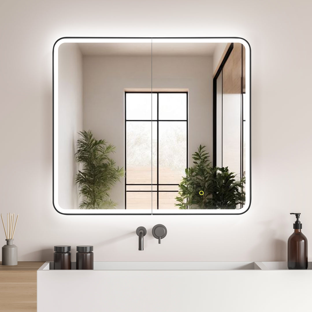 Ostaria Rectangular Surface-Mount/Reccessed LED Lighted Bathroom Black Aluminum Mirror Medicine Cabinet
