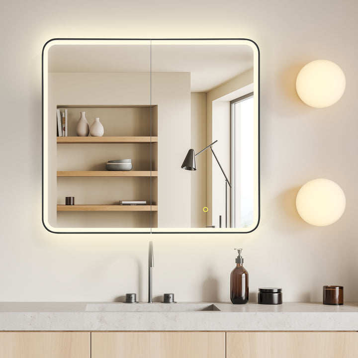 Ostaria Rectangular Surface-Mount/Reccessed LED Lighted Bathroom Black Aluminum Mirror Medicine Cabinet
