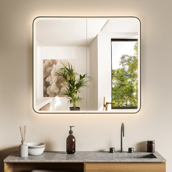 Ostaria Rectangular Surface-Mount/Reccessed LED Lighted Bathroom Black Aluminum Mirror Medicine Cabinet