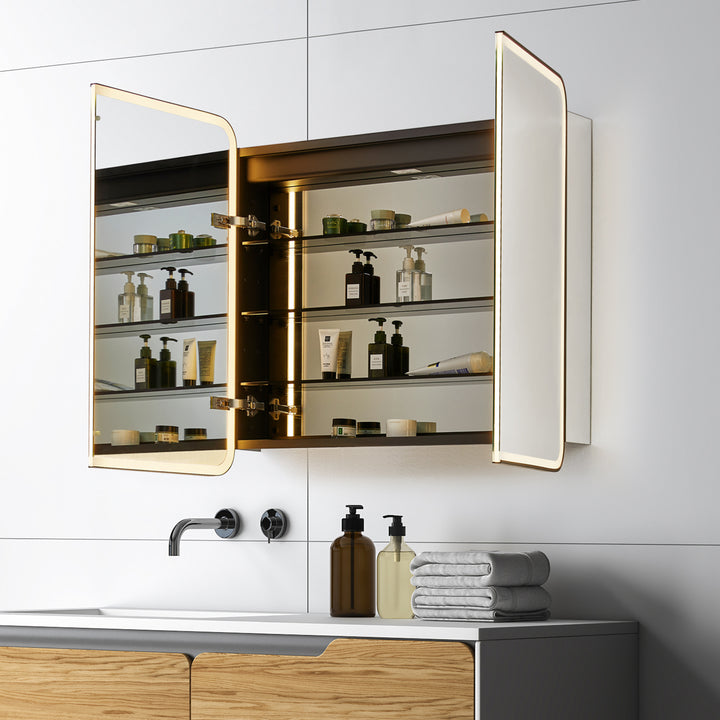 Ostaria Rectangular Surface-Mount/Reccessed LED Lighted Bathroom Black Aluminum Mirror Medicine Cabinet