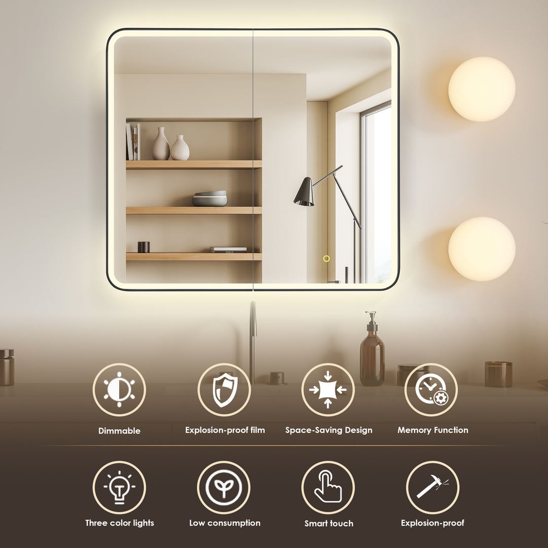 Ostaria Rectangular Surface-Mount/Reccessed LED Lighted Bathroom Black Aluminum Mirror Medicine Cabinet