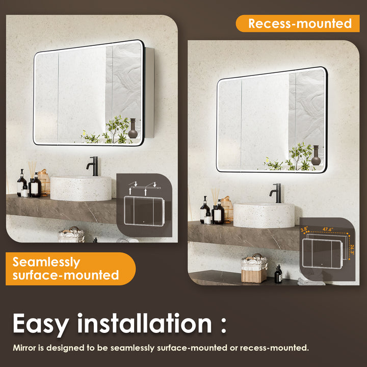 Ostaria Rectangular Surface-Mount/Reccessed LED Lighted Bathroom Black Aluminum Mirror Medicine Cabinet
