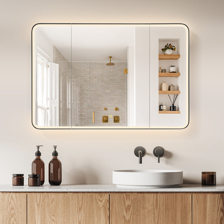 Ostaria Rectangular Surface-Mount/Reccessed LED Lighted Bathroom Black Aluminum Mirror Medicine Cabinet