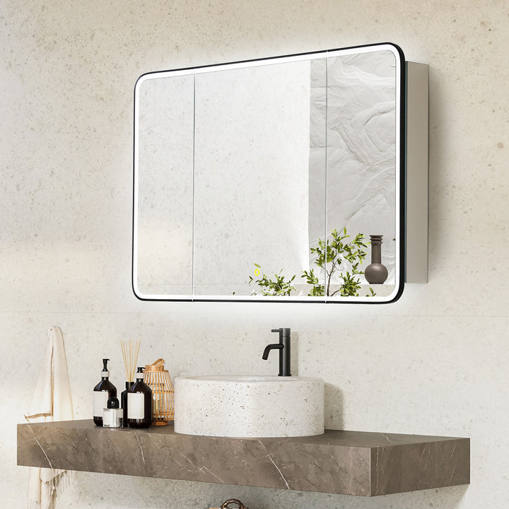 Ostaria Rectangular Surface-Mount/Reccessed LED Lighted Bathroom Black Aluminum Mirror Medicine Cabinet