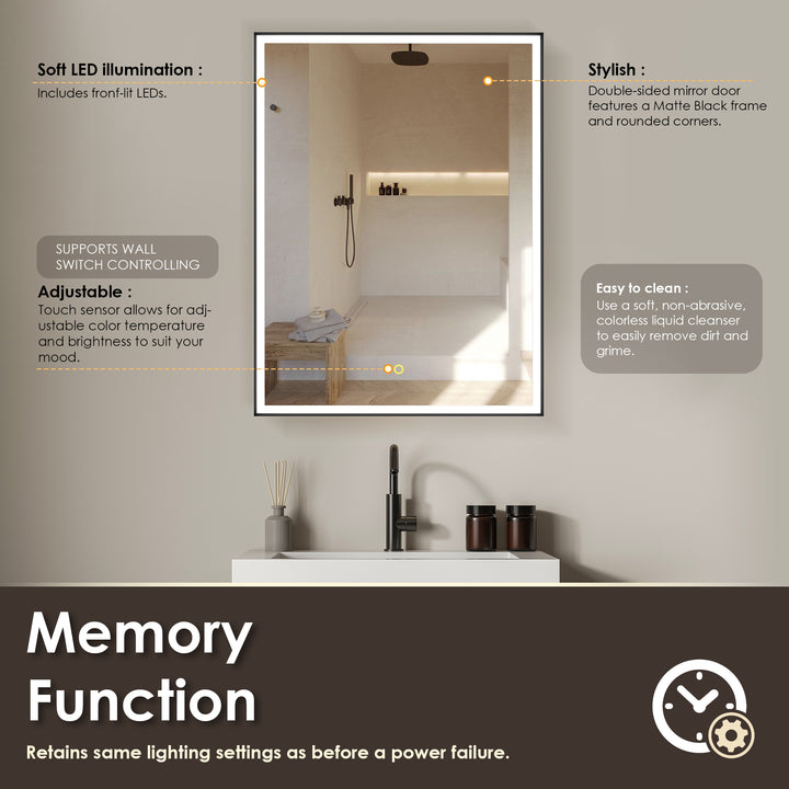 Fenice Rectangular Surface-Mount/Reccessed LED Lighted Bathroom Black Aluminum Mirror Medicine Cabinet
