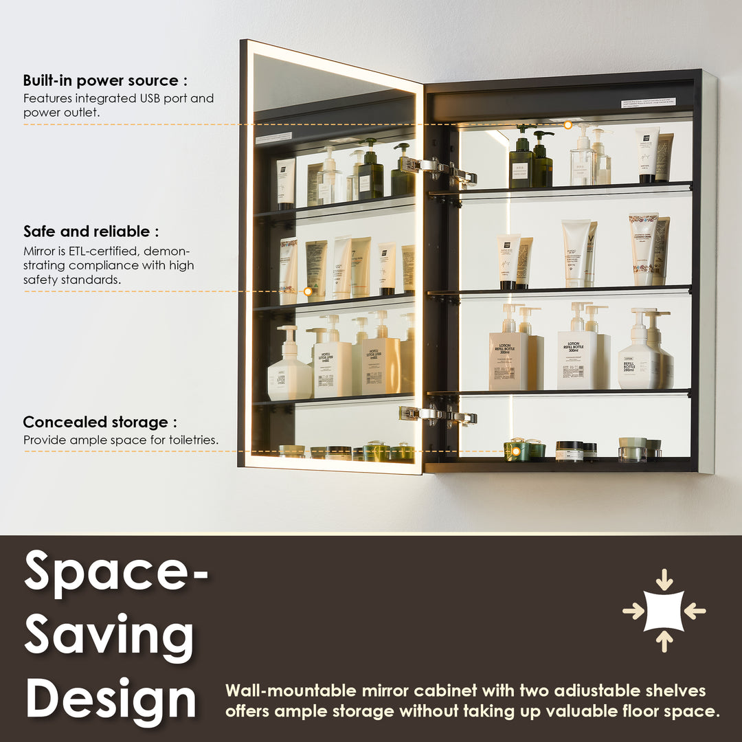 Fenice Rectangular Surface-Mount/Reccessed LED Lighted Bathroom Black Aluminum Mirror Medicine Cabinet