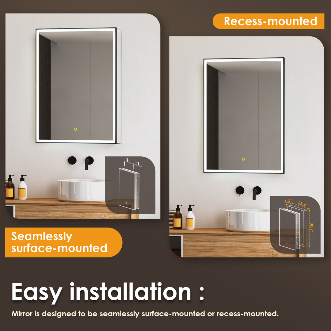 Fenice Rectangular Surface-Mount/Reccessed LED Lighted Bathroom Black Aluminum Mirror Medicine Cabinet