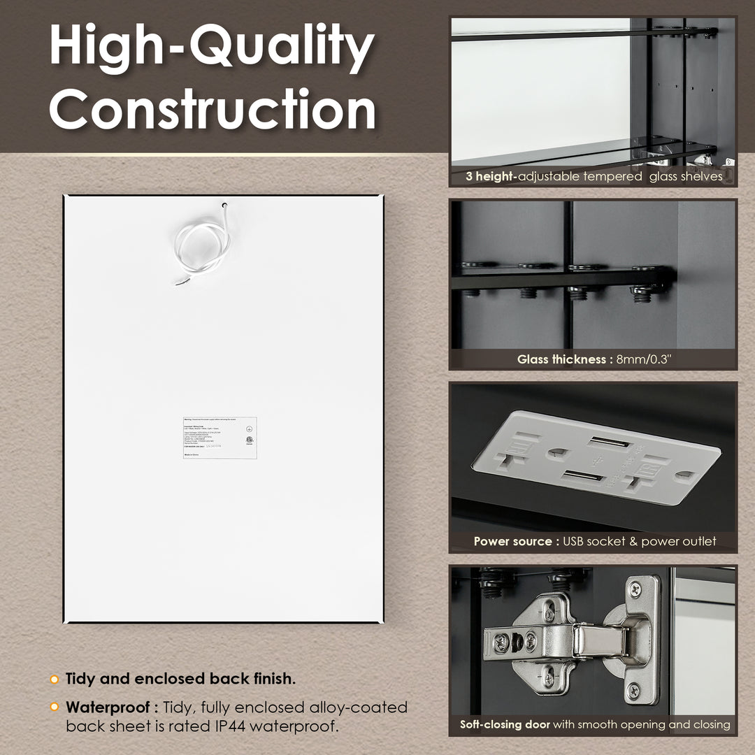 Fenice Rectangular Surface-Mount/Reccessed LED Lighted Bathroom Black Aluminum Mirror Medicine Cabinet