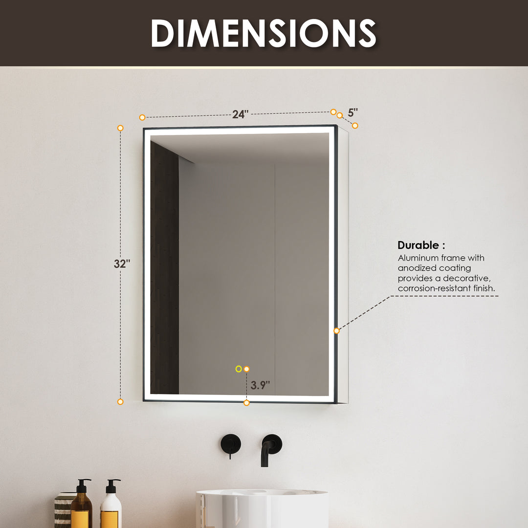 Fenice Rectangular Surface-Mount/Reccessed LED Lighted Bathroom Black Aluminum Mirror Medicine Cabinet
